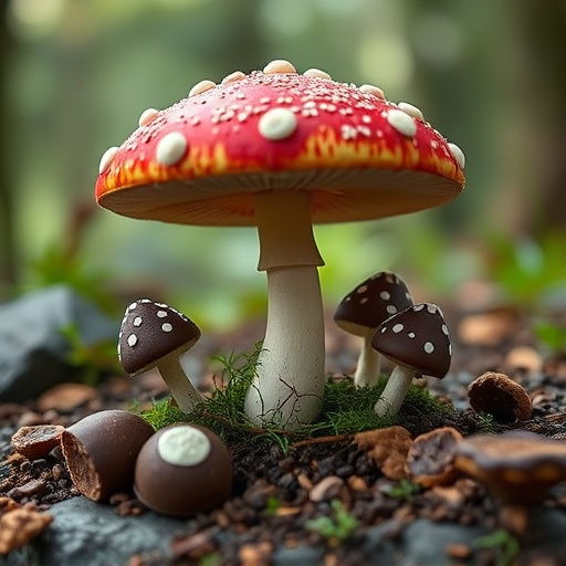 Magic Mushroom Chocolates with Nature Background