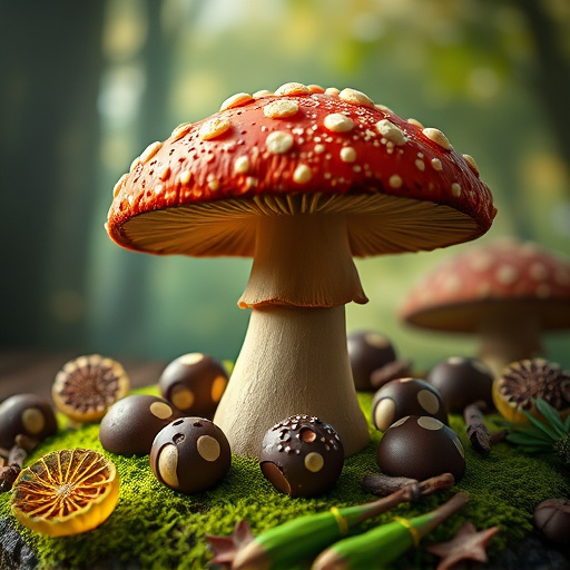 Magic Mushroom Chocolates with Nature Background