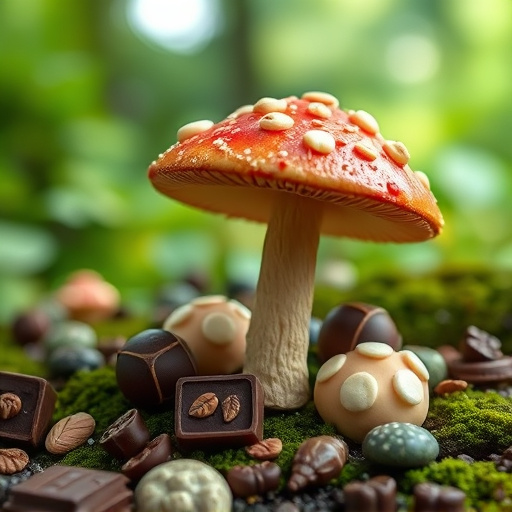 Magic Mushroom Chocolates with Nature Background