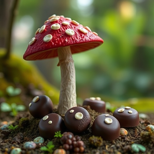 Magic Mushroom Chocolates with Nature Background