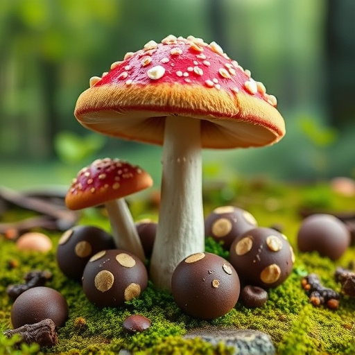 Magic Mushroom Chocolates with Nature Background