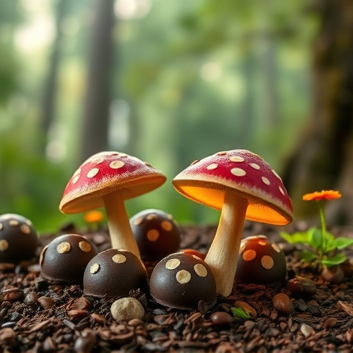 Magic Mushroom Chocolates with Nature Background