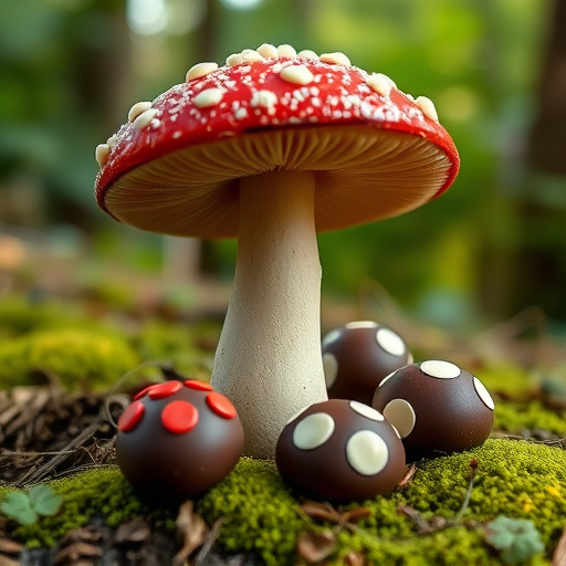 Magic Mushroom Chocolates with Nature Background